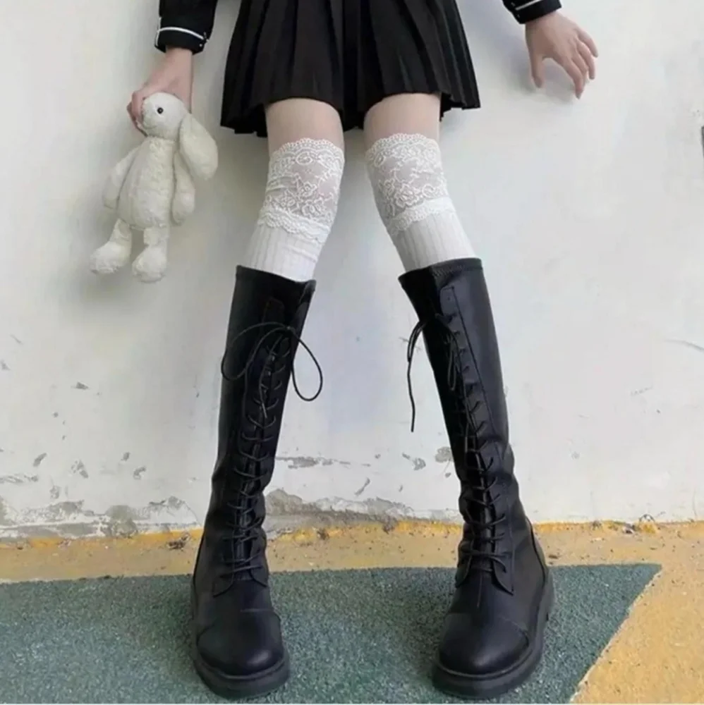 White Lace Top Thigh High Sock-Stockings Sweet JK Style Slim Fit Over The‎ Knee